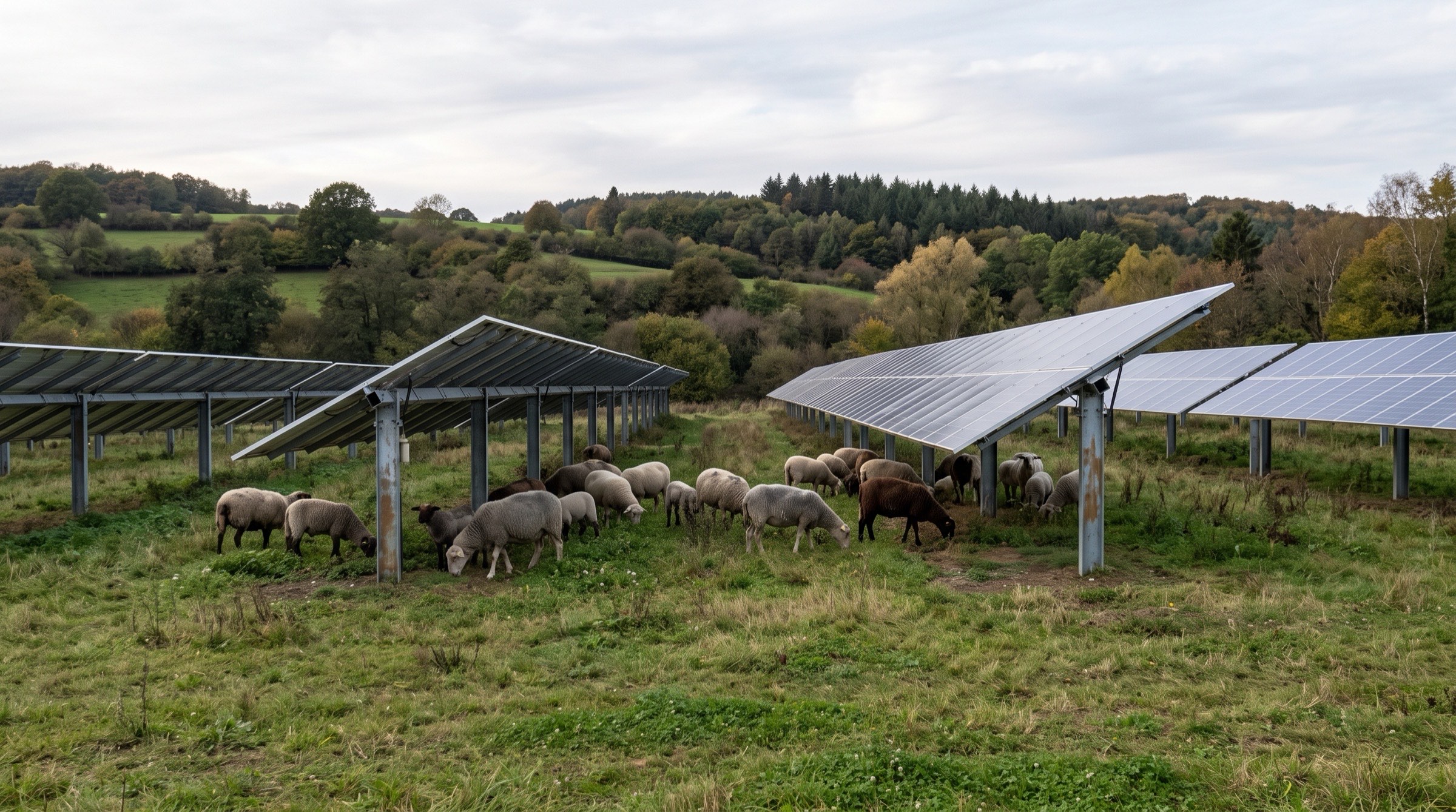 Schafe weiden unter aufgeständerten Solarmodulen