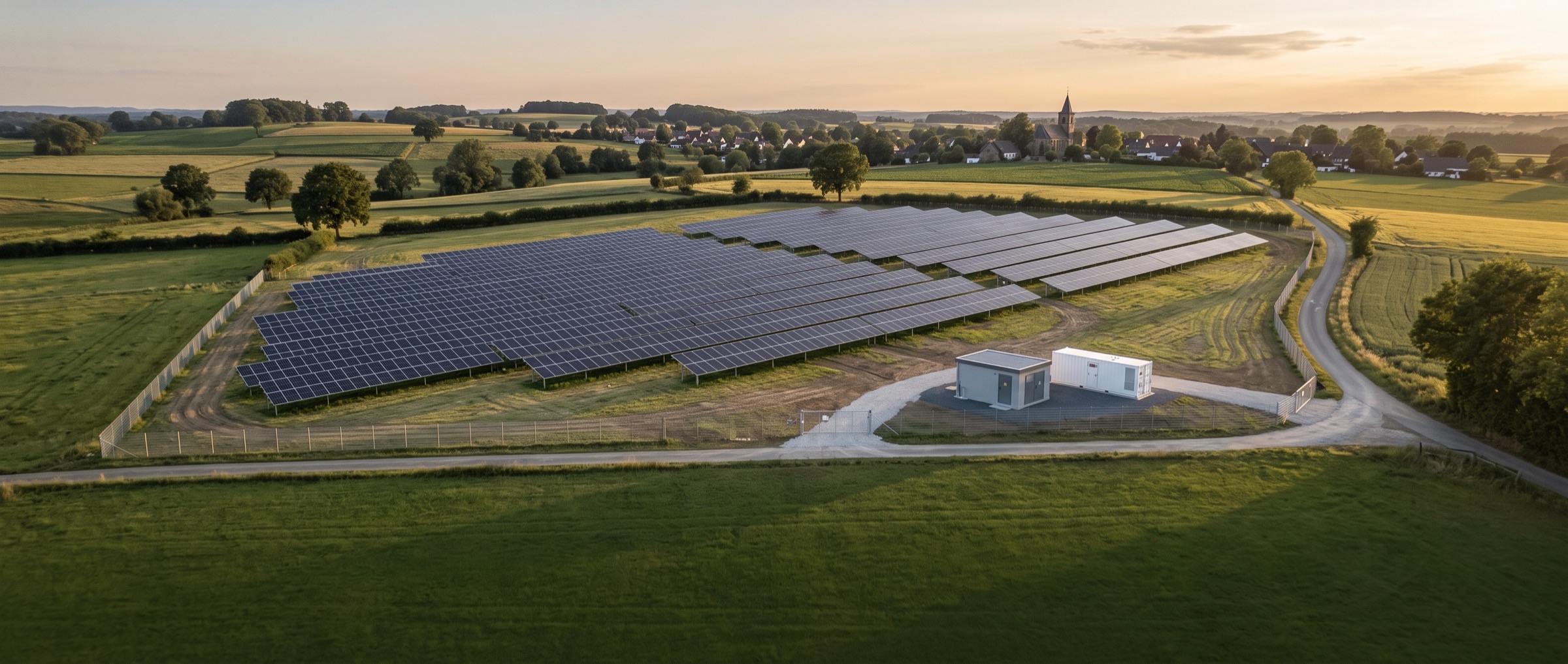 Fertiggestellter Solarpark mit Trafostation und Speicher