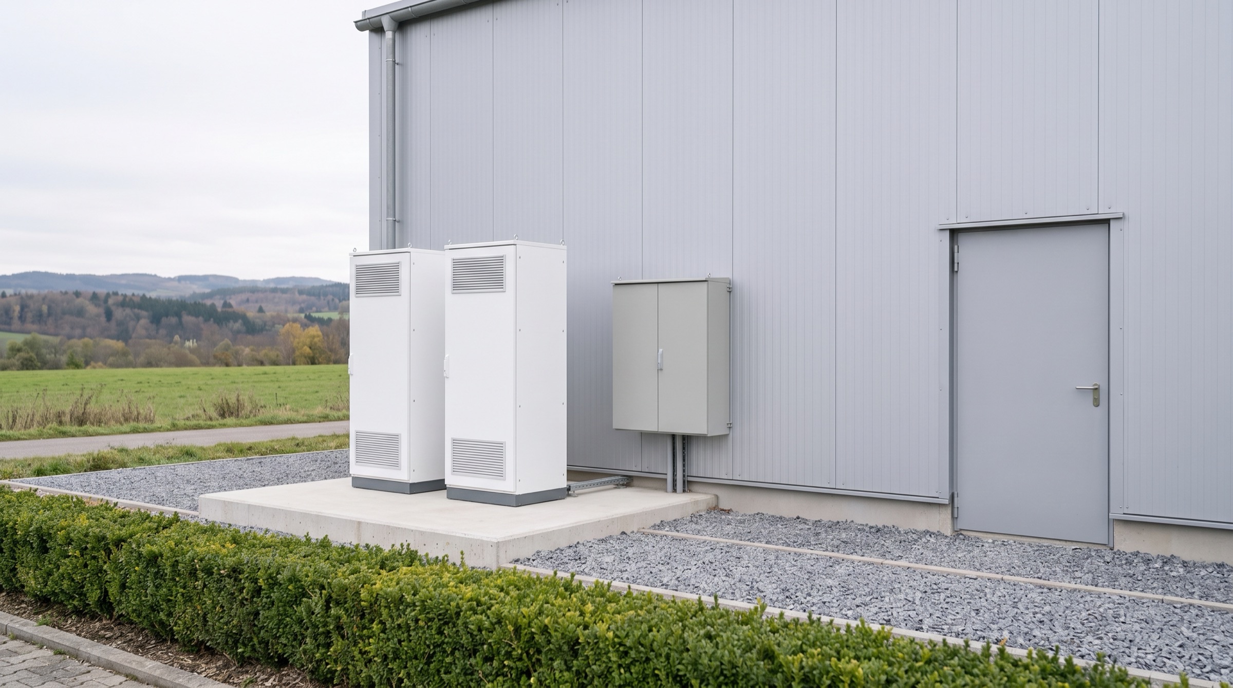 Zwei Batterieschränke an einer Gewerbehalle