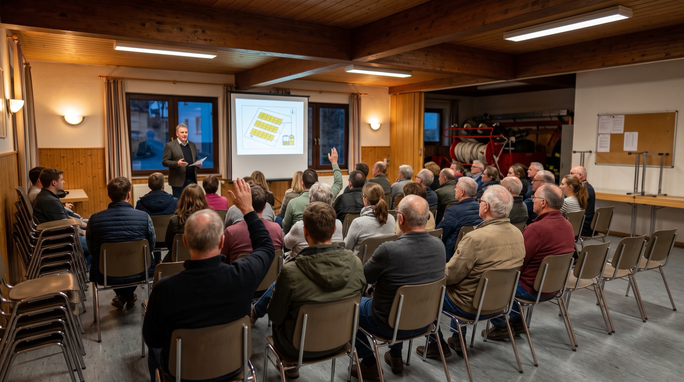 Bürgerversammlung zu einem Energieprojekt im Gemeindesaal