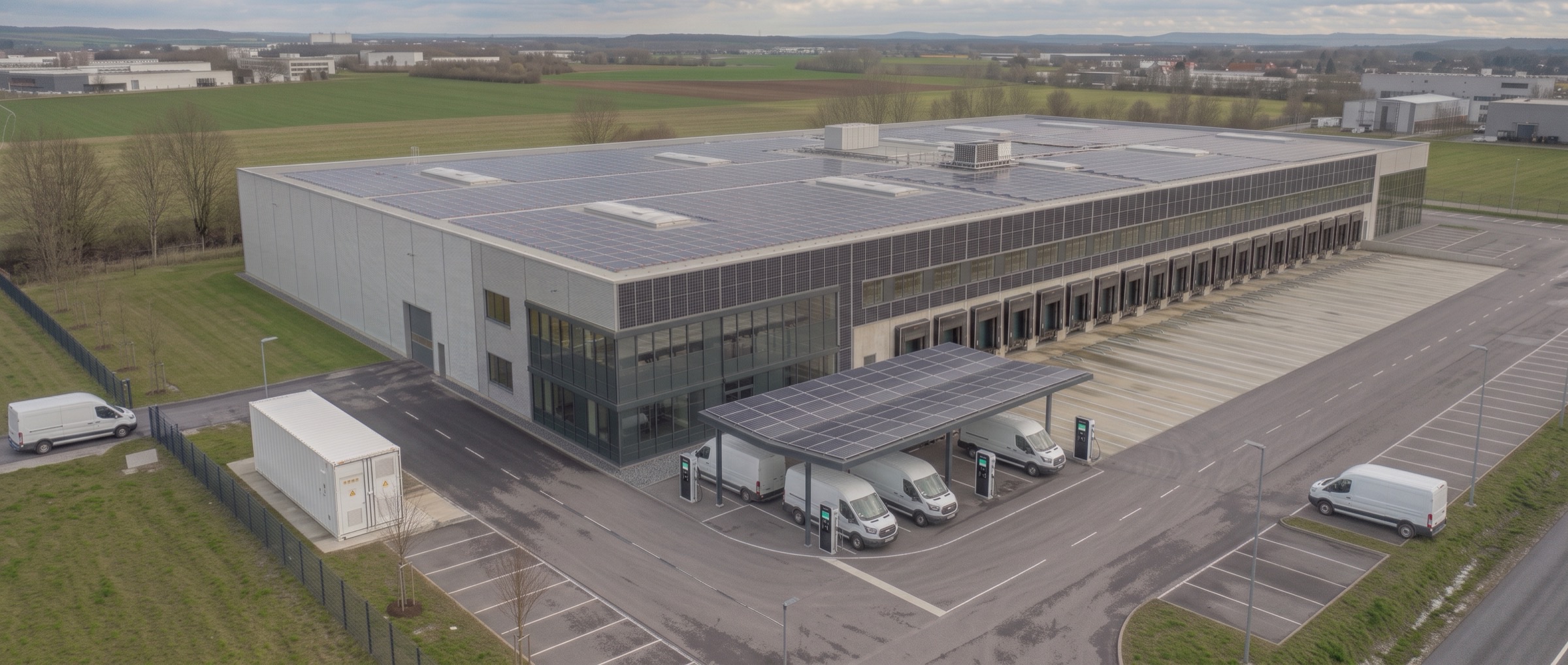 Logistikhalle mit Photovoltaik auf Dach und Fassade, Batteriespeicher und Solar-Carport mit Ladesäulen