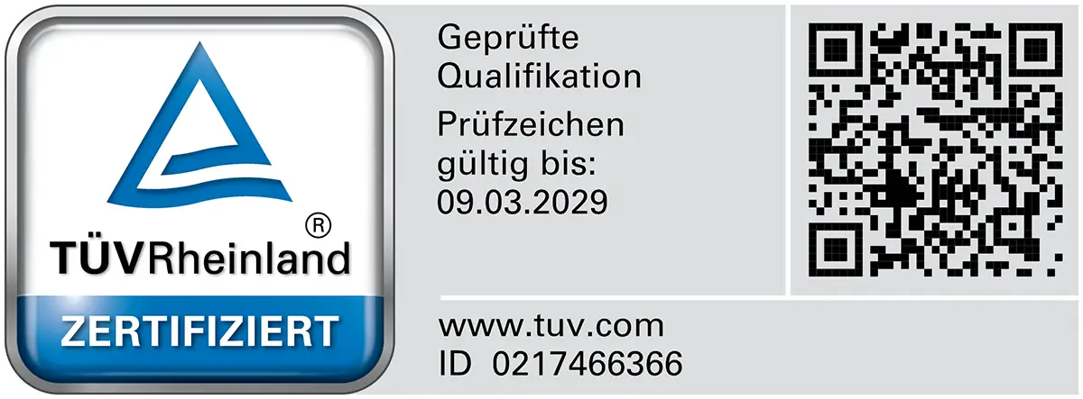 TÜV Rheinland Prüfzeichen: Geprüfte Qualifikation, Sachverständiger für Photovoltaikanlagen, ID 0217466366